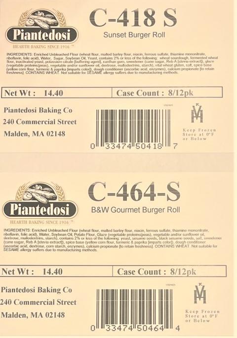 Label – Piantedosi C-418 S, Sunset Burger Roll, Net Wt: 14.40, Case Count: 8/12pk,  Label – Piantedosi C-464-S, B&W Gourmet Burger Roll, Net Wt: 14.40, Case Count: 8/12pk