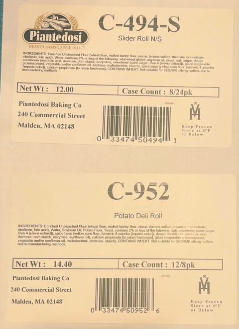 Label – Piantedosi C-494-S, Slider Roll N/S, Net Wt: 12.00, Case Count: 8/24pk,  Label – Piantedosi C-952, Potato Deli Roll, Net Wt: 14.40, Case Count: 12/8pk