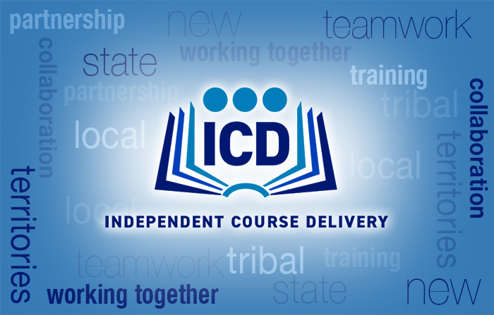 Independent Course Delivery text with illustration of open book above and descriptive words in the background - state, training, tribal, local, working together