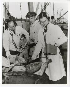 black and white photo of inspector using geiger counter on fish to measure radioactivity