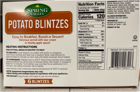 Spring Valley Potato Blintzes, Back Label