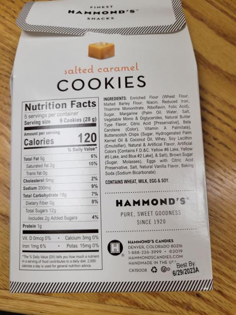 Image - Hammond’s Salted Caramel Cookies Back of Package Nutrition Facts & Ingredients