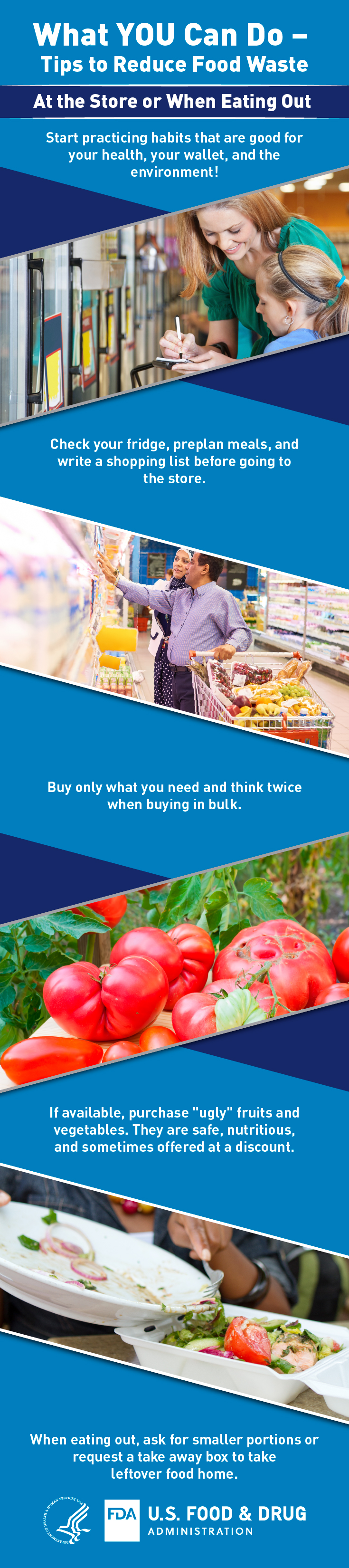 Infographic woman writing a shopping list in grocery store, man and woman shopping in grocery store, ugly tomatoes, and woman putting restaurant leftover food into take out box