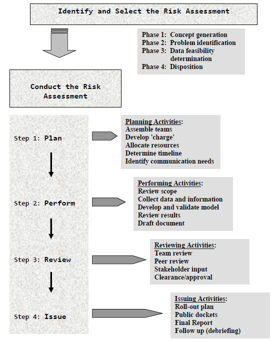 Figure IV-1 is a summary of the overall process for initiating and conducting these risk assessments. Identifyand Select the Risk Assessent, then Conduct the Risk Assessment.  Step 1:  Plan Activities, Step 2: Perform Activities, Step 3: Review Activities and Step 4: Issue Activies.