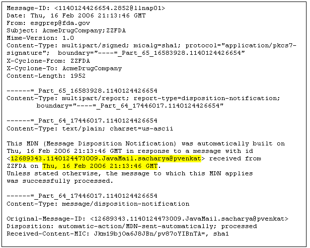 Screen Shot - A sample MDN with The Message ID and date stamp