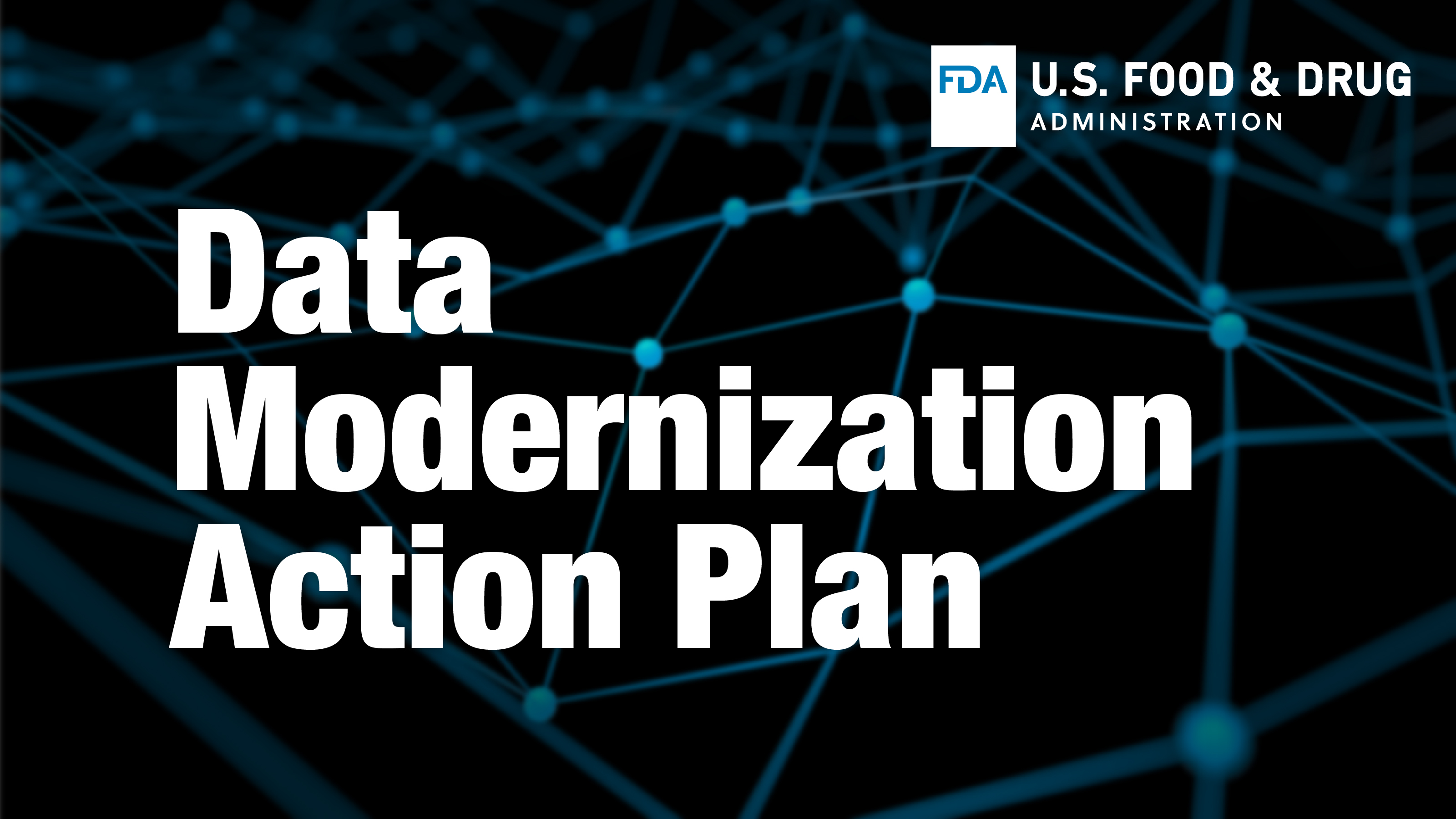 Text for Data Modernization Action Plan juxtaposed with an abstract graphic of a data network topology