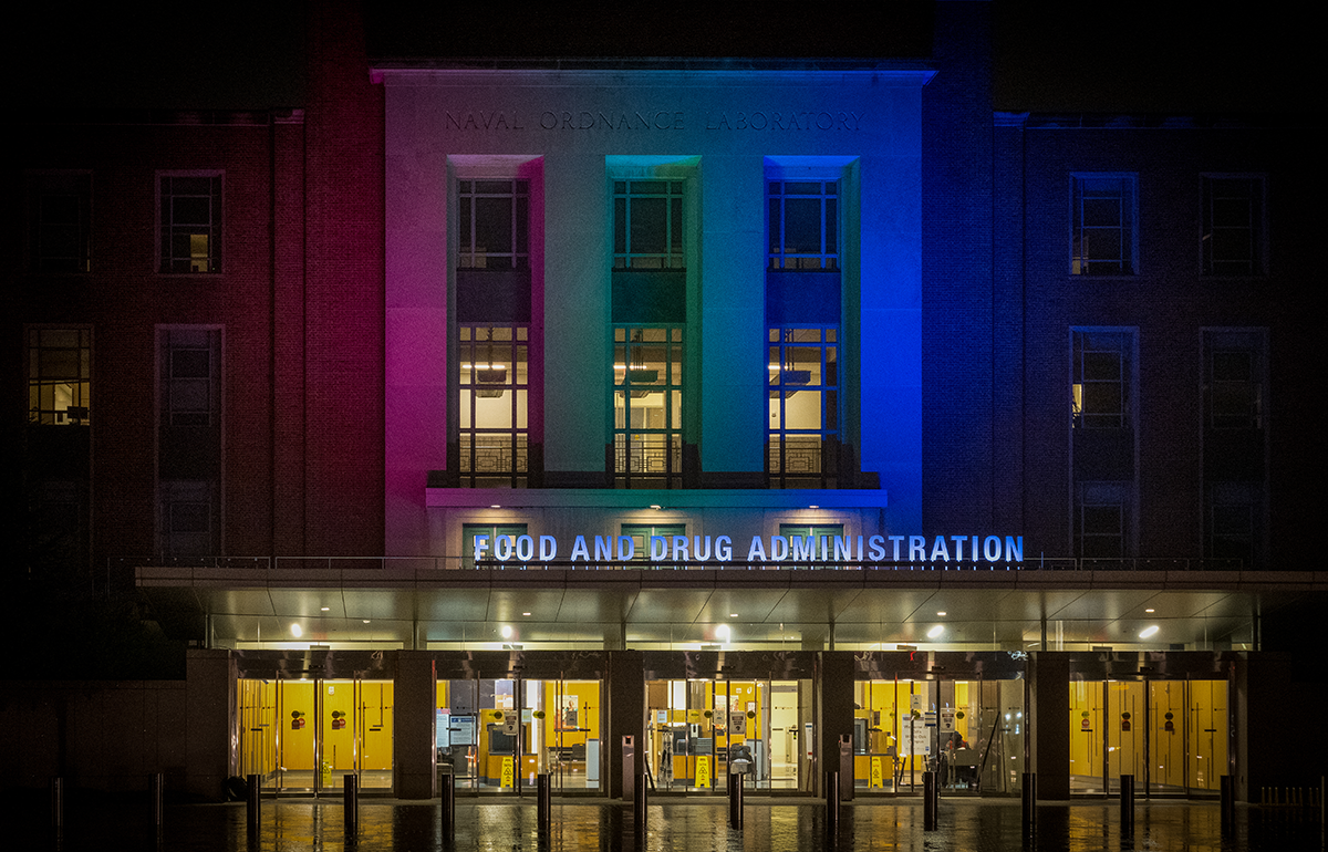 FDA Building 1 is illuminated in observance of Rare Disease Week, Feb 28 - March 4 2022