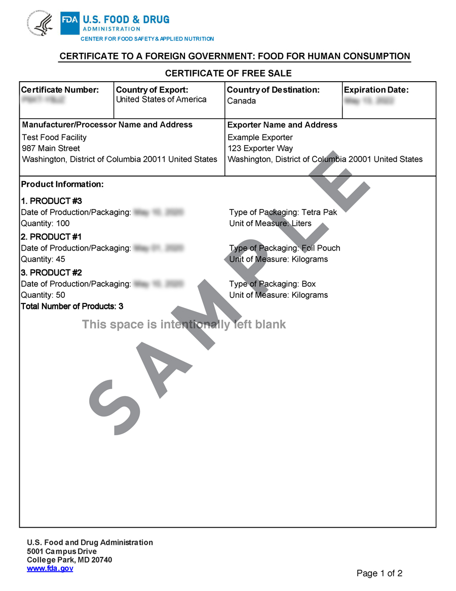 Sample Food Export Certificate Issued BEFORE June 29, 2020 (page 1)