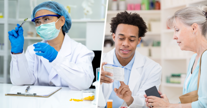 Two image collage that depicts a Laboratory Technician examining a pill, and a Pharmacist explaining medication to a patient.