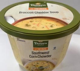 Panera Bread Southwest Corn Chowder container with Broccoli Cheddar Soup lid