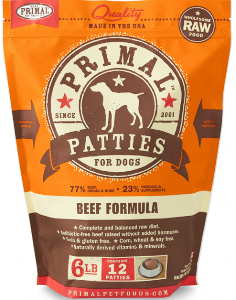 Package Front: PRIMAL PATTIES FOR DOGS, BEEF FORMULA, 6 LB., RAW