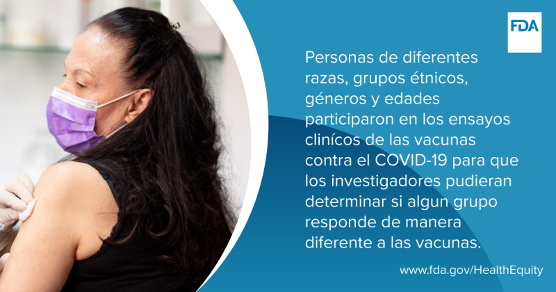 Personas de diferentes razas, grupos étnicos, géneros y edades participaron en los ensayos clinícos de las vacunas contra el COVID-19 para que los investigadores pudieran determinar si algun grupo responde de manera diferente a las vacunas.