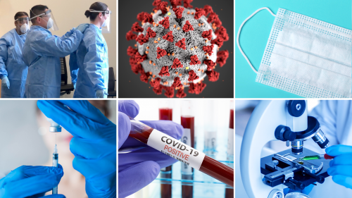 6 photos: FDA Commissioned Corps officers donning protecting gowns, gloves, masks and visors; 3D illustration of the coronavirus; cotton facemask; physician wearing medical gloves drawing vaccine or antiviral drug from vial with a syringe; closeup of blood in beaker labeled COVID-19 Positive; closeup of scientist preparing to examine sample under microscope