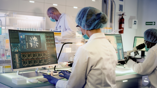 Image of lab technicians at their work stations.