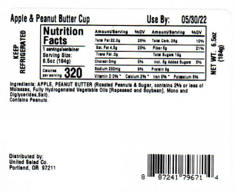 Labeling, Apple & Peanut Butter Cup, nutrition labeling, and photo of apples and peanut butter in plastic containers