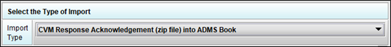 The eSubmitter Import menu is displayed with CVM Response Acknowledgement (zip file) into ADMS Book menu option selected.