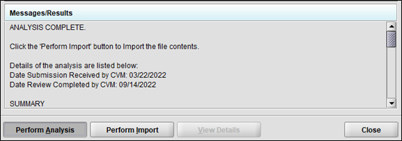 The eSubmitter Import dialog is displayed with the results of the analysis available to the user.