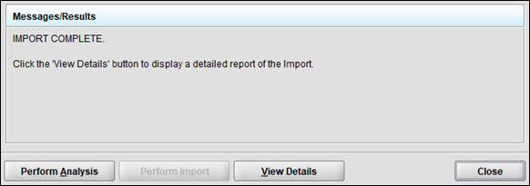 The eSubmitter Import dialog is displayed indicating that the import is complete and to select View Details to see additional information related to the import.