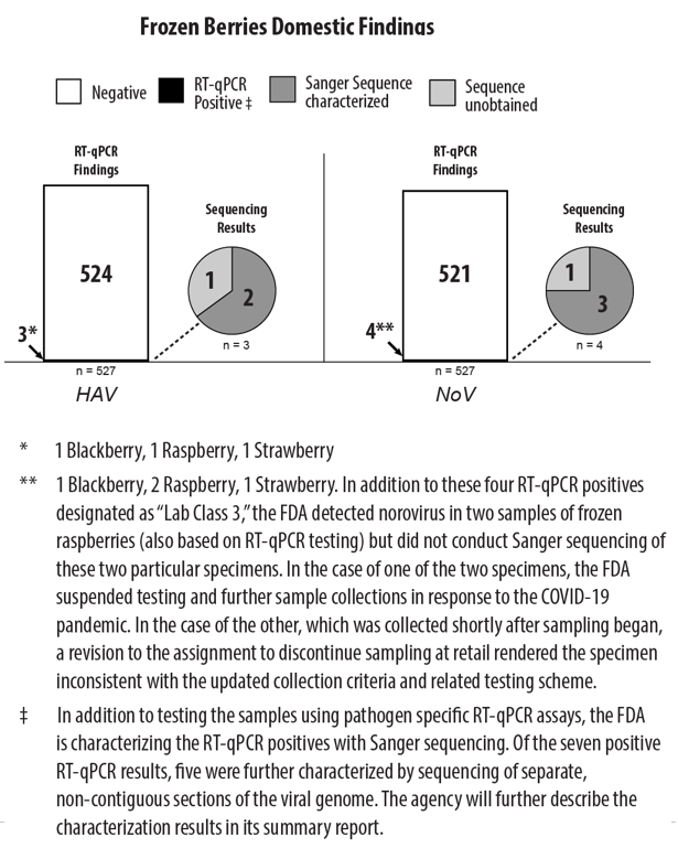 Results to date of the FDA’s collection and testing of domestic frozen berries: Of the 527 domestic samples collected and tested thus far, three were found to be positive for Hepatitis A virus and four were found to be positive for norovirus, based on the RT-qPCR test method.