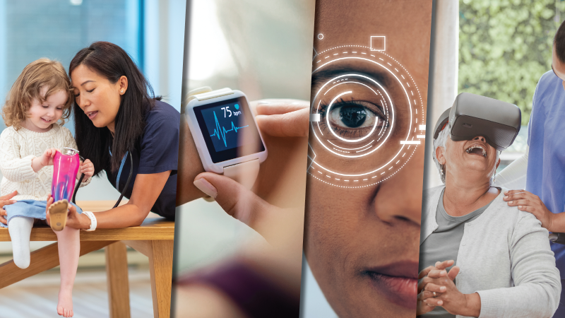 Four device related images: a healthcare professional assisting a girl with her lower extremity prosthetic; A smart watch with an EKG display; digital overlay on a human eye; a woman wwaring virtual reality goggles