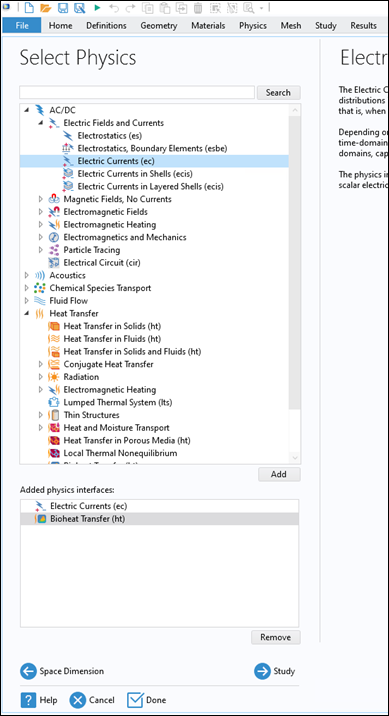 Screenshot of Select Physics, Select the following modules: AC/DC – Electrical Fields and Currents – Electrical Currents Heat Transfer – Bioheat Transfer