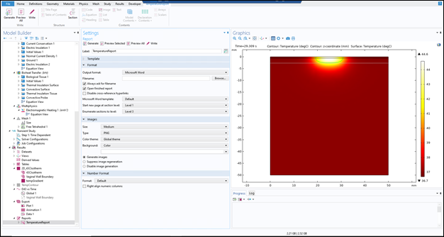 Screenshot of Exporting a COMSOL Report -Report -Generate