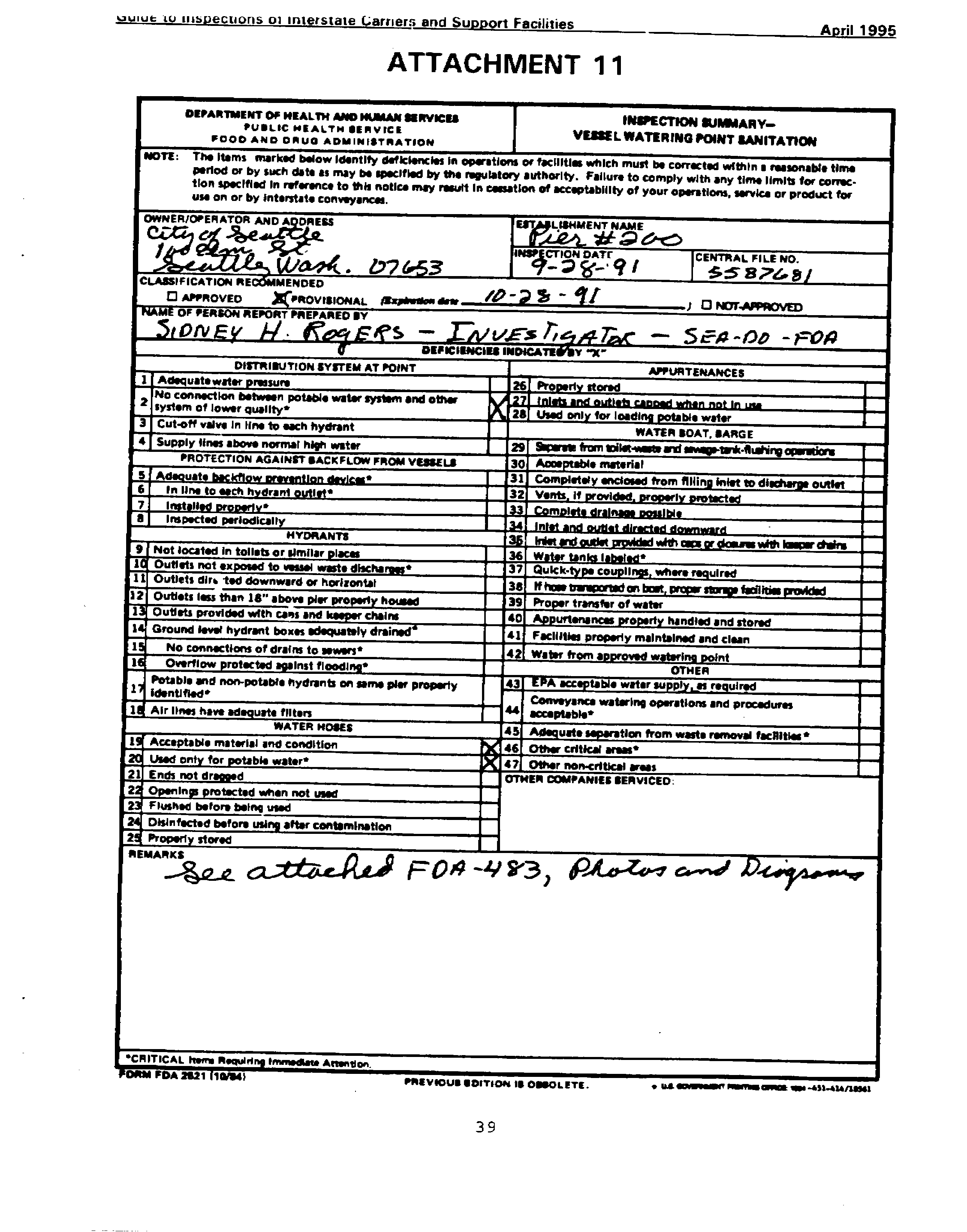 FDA-2521 - Inspection Summary -Vessel Watering Point Sanitation