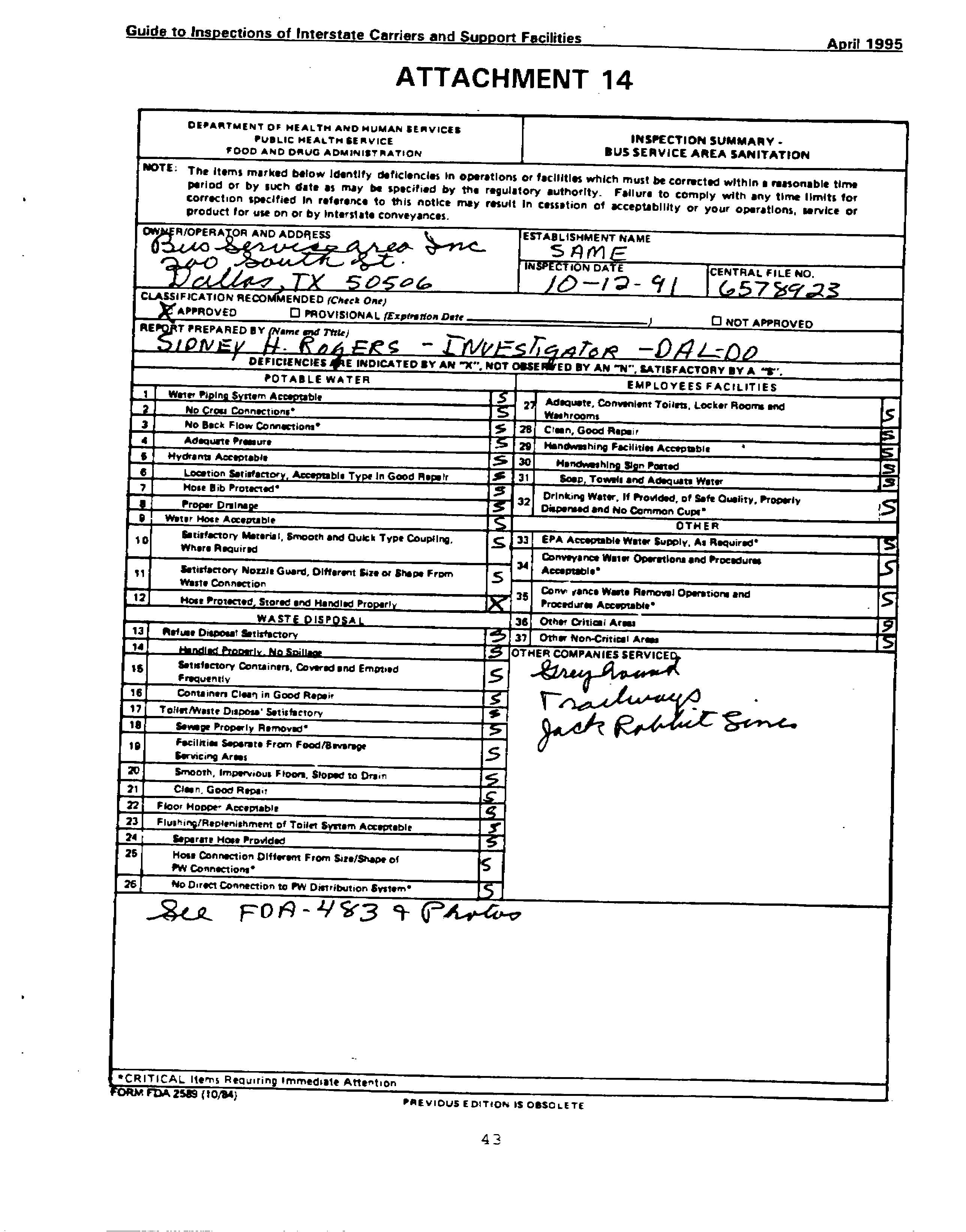 FDA-2589 - Inspection Summary -Bus Service Area Sanitation