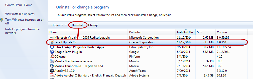 Screenshot: Click on a previous version of Java and click ‘Uninstall’