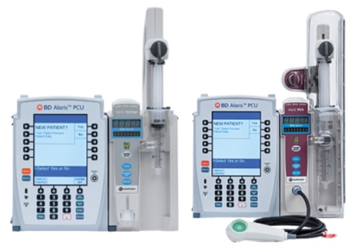 Syringe Module Model 8110 (left) and PCA Module Model 8120 (right); each attached to the Alaris PCU Module