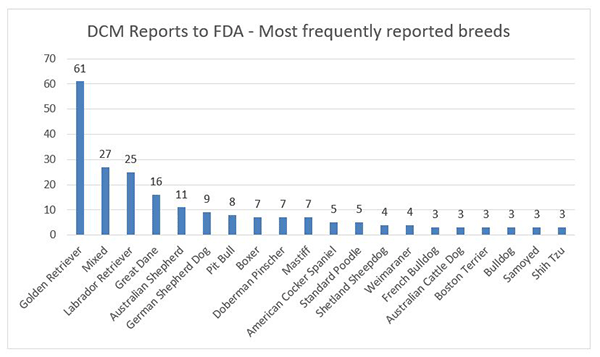 Vertical bar graph showing number of DCM reports for the most frequently reported dog breeds.