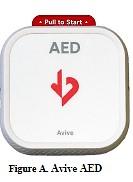The front of the Avive AED includes a tab on top that instructs the user, Pull to Start. 