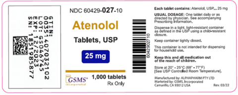 Product labeling, Atenolol Tablets, USP 25mg 1,000 count bottles NDC 60429-027-10