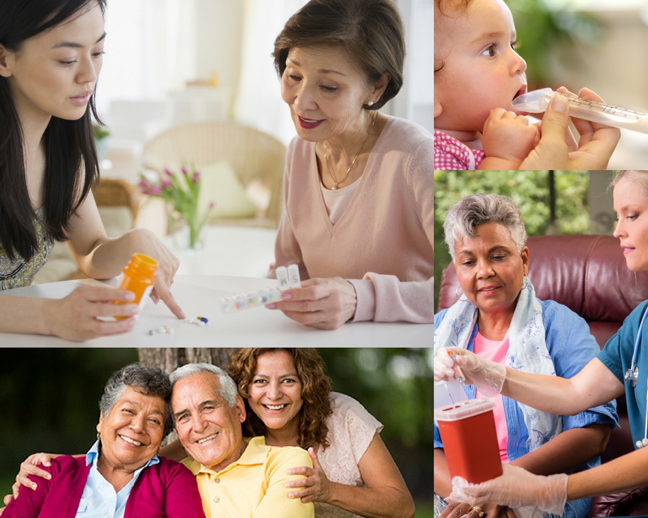 Daughter helping mother sort medications, parent giving infant liquid medicine, adult daughter with elderly parents, caretaker showing the right way to dispose of sharps