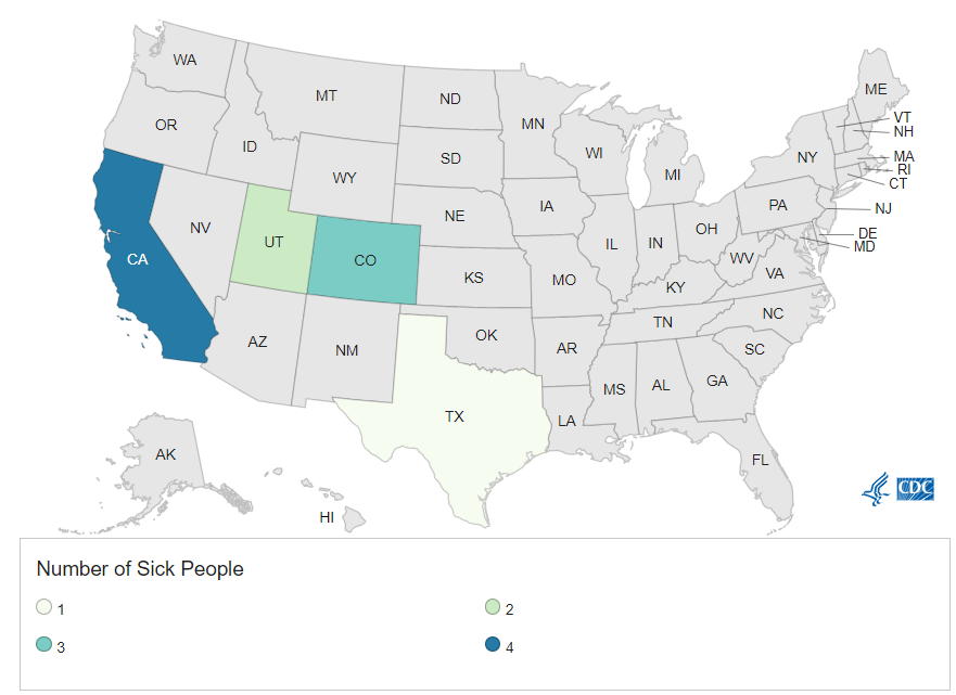 Case Count Map of the Outbreak Investigation of E. coli O157:H7: Raw Cheddar Cheese - As of 2/16/2024