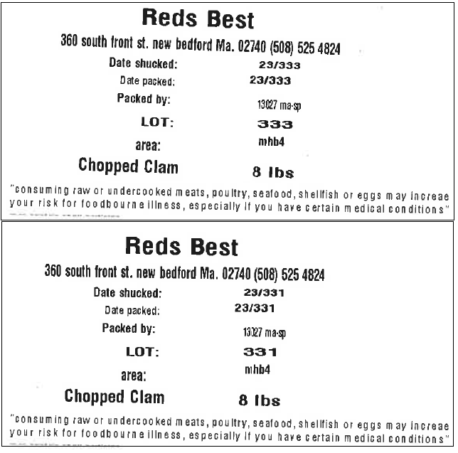 Product Label of Red’s Best Chopped Clams (Safety Alert of Illegally Harvested Clams, December 2023) 