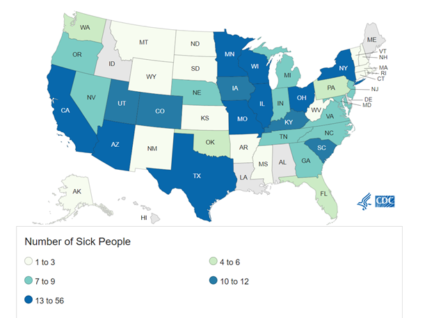 CDC Case Count Map for the Outbreak Investigation of Salmonella Related to Cantaloupes (as of January 19, 2024)