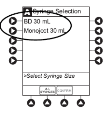 Alaris Infusion Pump Syringe Selection Display showing a choice of BD 30 ml and Monojet 30 ml