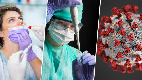 collage with three photos showing woman being tested for the coronavirus with a nasal swab, lab scientist wearing full personal protective gear preparing test sample with pipet, and a 3D illustration of the coronavirus