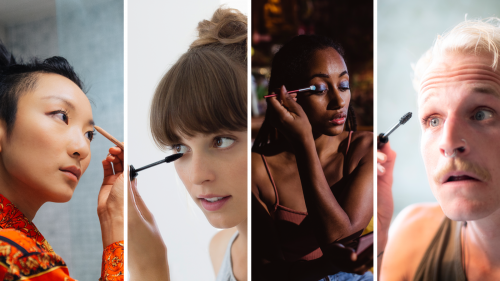 Four image collage depicting a diverse group of people using eye makeup.