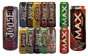 fourteen drink cans in various colors showing Joose and Max products