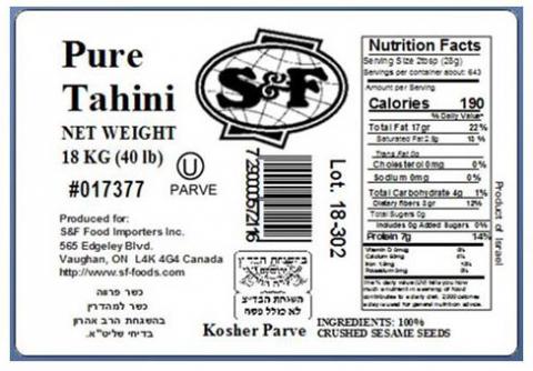 Label – S&F Pure Tahini, NET WEIGHT 18 KG (40 lb)
