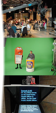 Collage of the FDA Studio's Grass Valley Karerra video switcher, a Scene from our food label program being shot on green-screen, and a studio camera with 20 inch teleprompter head.