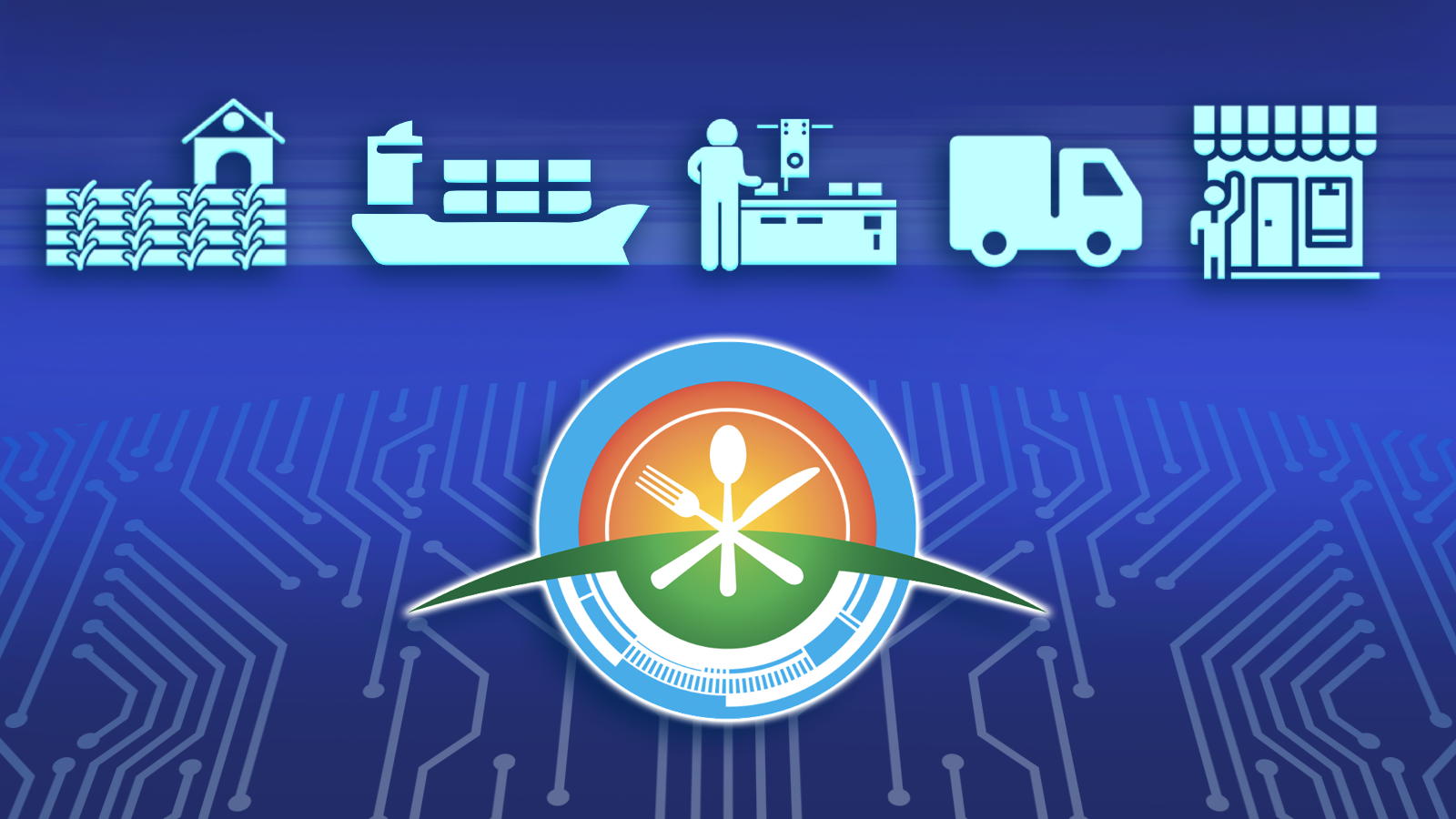 computer circuitry background image with icons in the foreground representing food production, processing, distribution and consumption: barn and crops, ship with containers, person operating food processing equipment, truck, grocery store, cutlery 