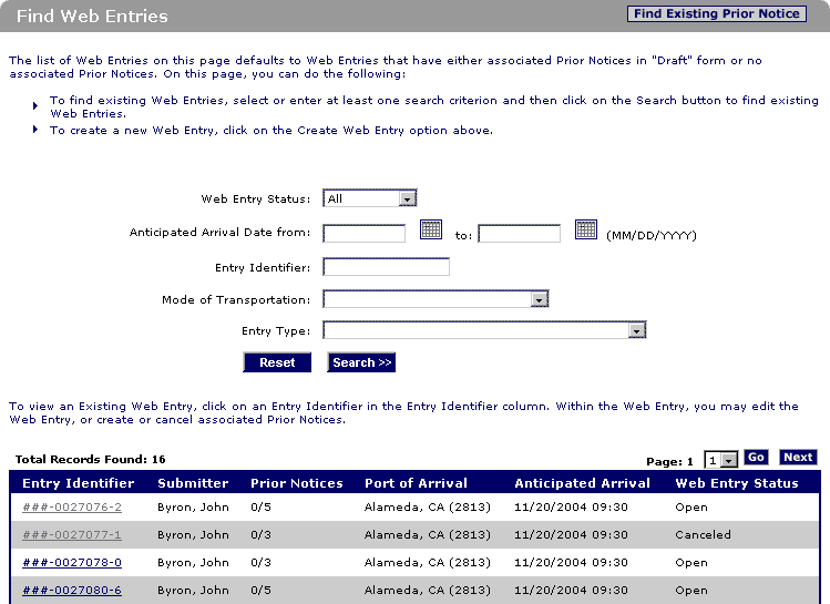 Prior Notice for Food Articles Additional Capabilities Web Entries Step 1