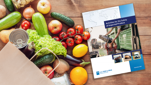 Photo of report "Activities for the Safety of Imported Produce" on table next to bag of various produce.