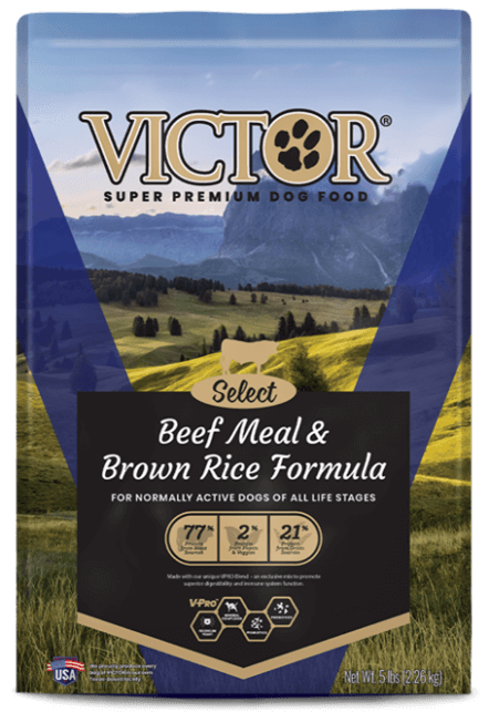 Victor Super Premium Dog Food, Select Beef Meal & Brown Rice Formula, 5 pound bag, front label
