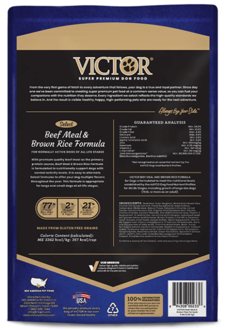 Victor Super Premium Dog Food, Select Beef Meal & Brown Rice Formula, 5 pound bag, back label