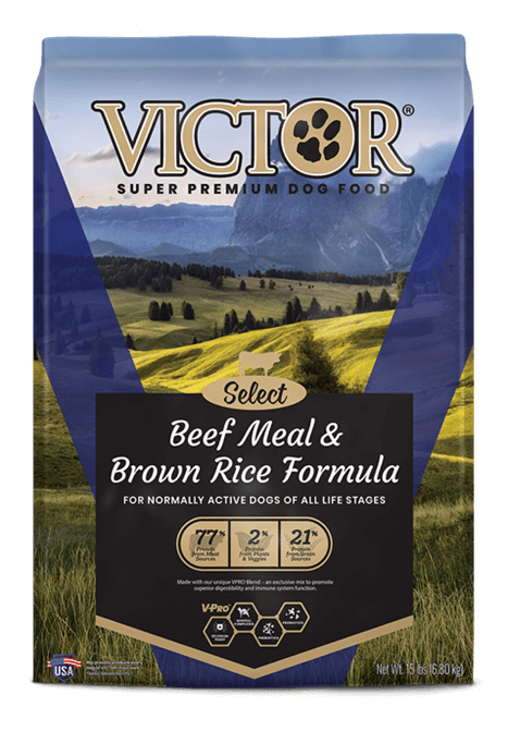 Victor Super Premium Dog Food, Select Beef Meal & Brown Rice Formula, 15 pound bag, front label