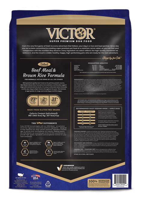 Victor Super Premium Dog Food, Select Beef Meal & Brown Rice Formula, 15 pound bag, back label